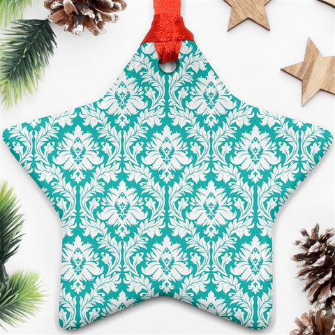 White On Turquoise Damask Star Ornament (Two Sides) from ArtsNow.com Front