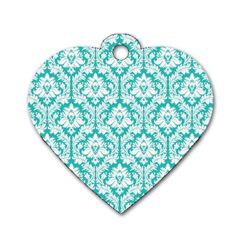 White On Turquoise Damask Dog Tag Heart (One Sided)  from ArtsNow.com Front