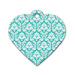 White On Turquoise Damask Dog Tag Heart (Two Sided) from ArtsNow.com Front