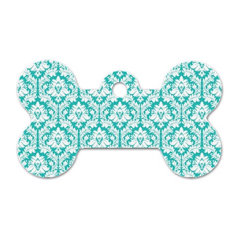 White On Turquoise Damask Dog Tag Bone (One Sided) from ArtsNow.com Front