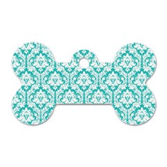 White On Turquoise Damask Dog Tag Bone (Two Sided) from ArtsNow.com Front