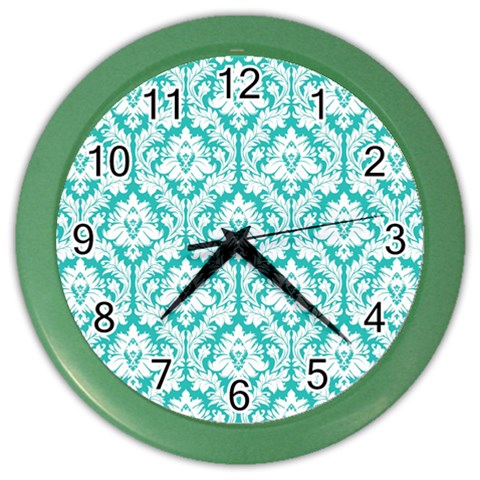 White On Turquoise Damask Wall Clock (Color) from ArtsNow.com Front