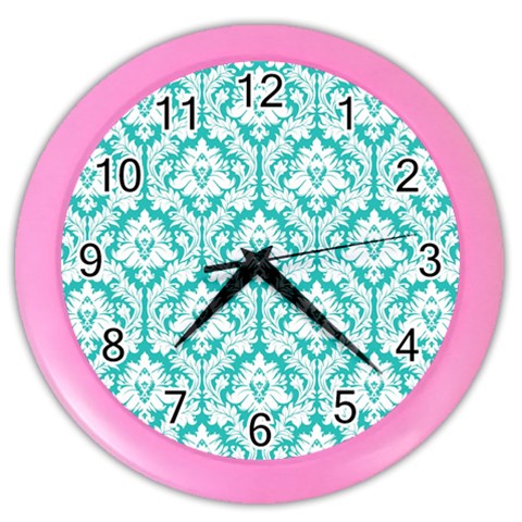 White On Turquoise Damask Wall Clock (Color) from ArtsNow.com Front