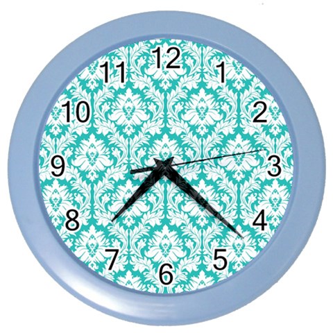 White On Turquoise Damask Wall Clock (Color) from ArtsNow.com Front