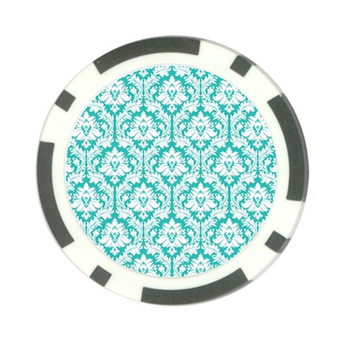 White On Turquoise Damask Poker Chip from ArtsNow.com Front