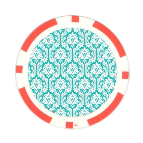 White On Turquoise Damask Poker Chip from ArtsNow.com Front