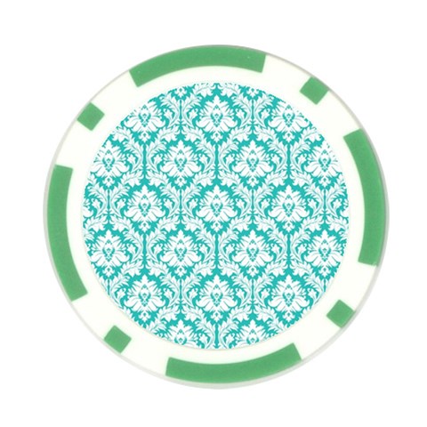 White On Turquoise Damask Poker Chip from ArtsNow.com Front