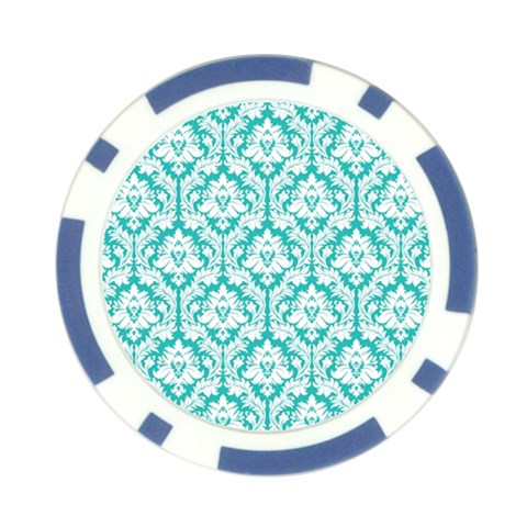 White On Turquoise Damask Poker Chip from ArtsNow.com Front