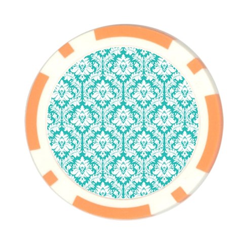 White On Turquoise Damask Poker Chip from ArtsNow.com Front