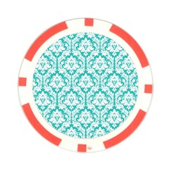 White On Turquoise Damask Poker Chip from ArtsNow.com Front