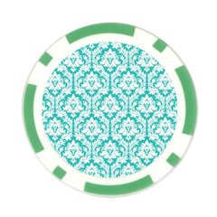 White On Turquoise Damask Poker Chip from ArtsNow.com Front