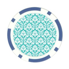 White On Turquoise Damask Poker Chip from ArtsNow.com Front