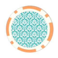 White On Turquoise Damask Poker Chip from ArtsNow.com Front