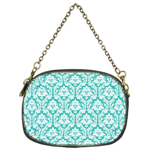 White On Turquoise Damask Chain Purse (One Side) from ArtsNow.com Front