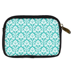 White On Turquoise Damask Digital Camera Leather Case from ArtsNow.com Back