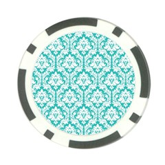 White On Turquoise Damask Poker Chip (10 Pack) from ArtsNow.com Front