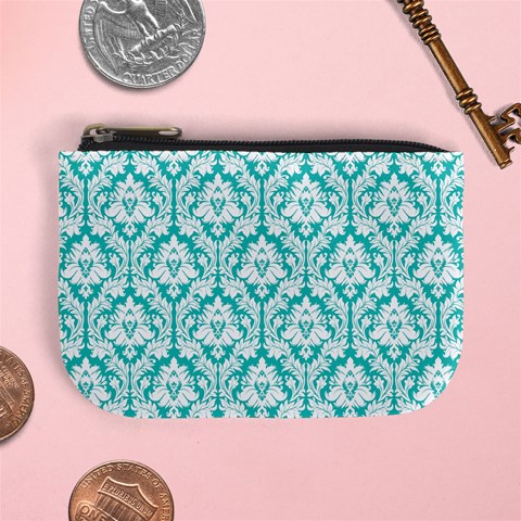 Turquoise Damask Pattern Mini Coin Purse from ArtsNow.com Front