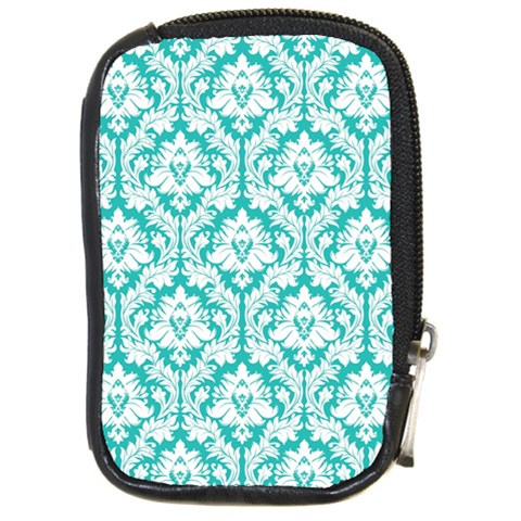 White On Turquoise Damask Compact Camera Leather Case from ArtsNow.com Front