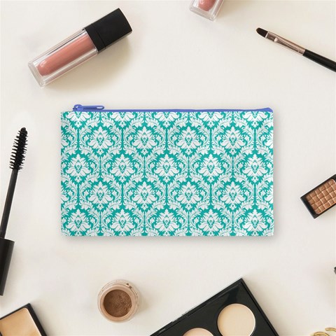 Turquoise Damask Pattern Cosmetic Bag (Small) from ArtsNow.com Front