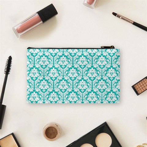 Turquoise Damask Pattern Cosmetic Bag (Small) from ArtsNow.com Back