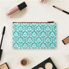 Turquoise Damask Pattern Cosmetic Bag (Small) from ArtsNow.com Back