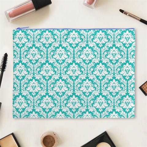 Turquoise Damask Pattern Cosmetic Bag (XL) from ArtsNow.com Front