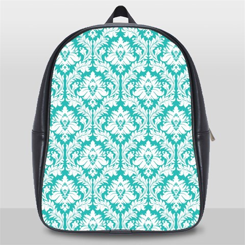 White On Turquoise Damask School Bag (Large) from ArtsNow.com Front