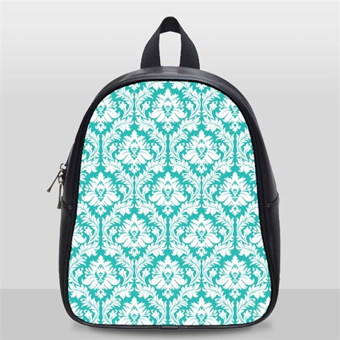 White On Turquoise Damask School Bag (Small) from ArtsNow.com Front