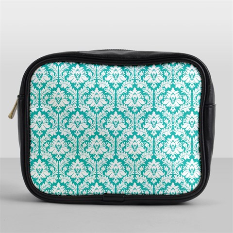 White On Turquoise Damask Mini Travel Toiletry Bag (One Side) from ArtsNow.com Front