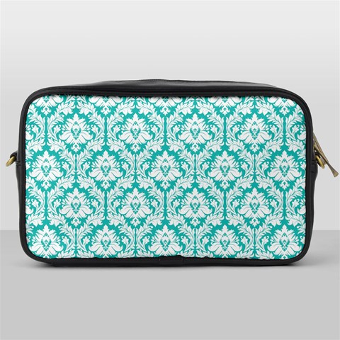 White On Turquoise Damask Travel Toiletry Bag (One Side) from ArtsNow.com Front