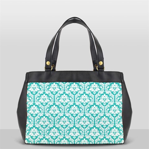 White On Turquoise Damask Oversize Office Handbag (One Side) from ArtsNow.com Front