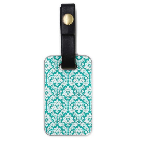 White On Turquoise Damask Luggage Tag (One Side) from ArtsNow.com Front