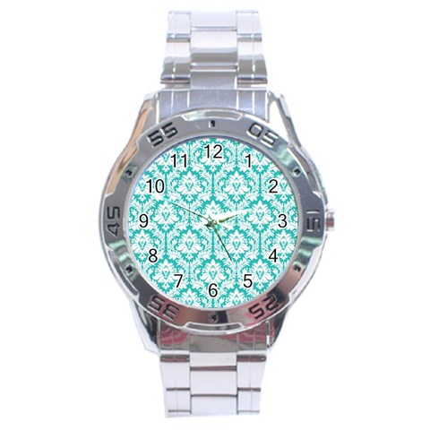 White On Turquoise Damask Stainless Steel Watch from ArtsNow.com Front