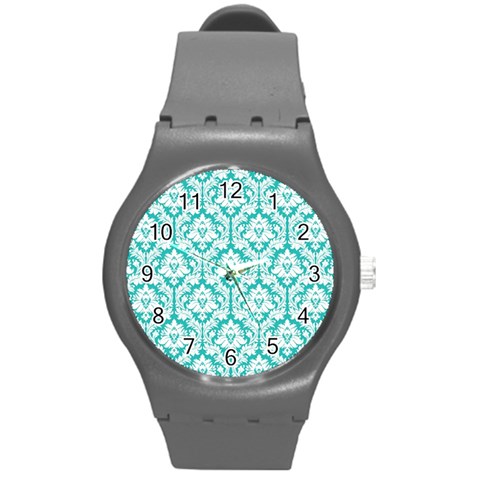 White On Turquoise Damask Plastic Sport Watch (Medium) from ArtsNow.com Front