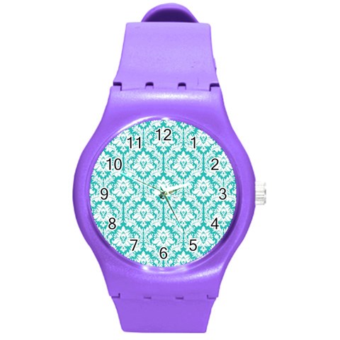 White On Turquoise Damask Plastic Sport Watch (Medium) from ArtsNow.com Front