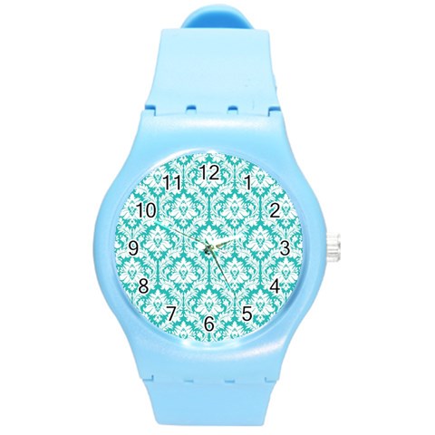 White On Turquoise Damask Plastic Sport Watch (Medium) from ArtsNow.com Front