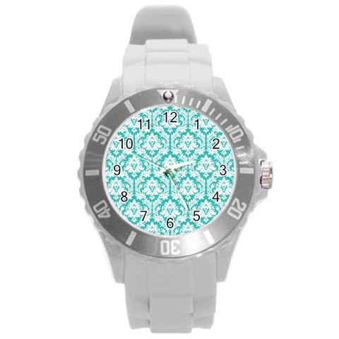 White On Turquoise Damask Plastic Sport Watch (Large) from ArtsNow.com Front