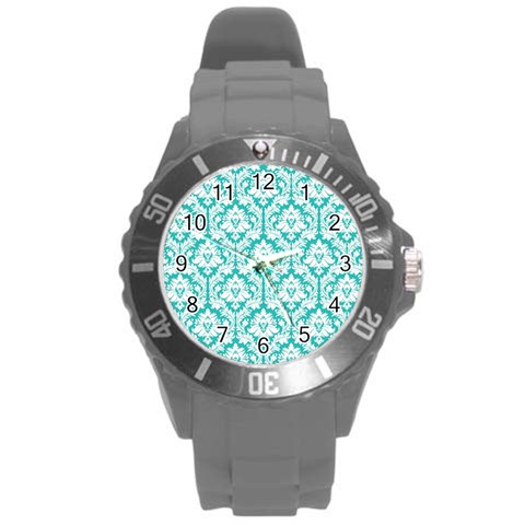 White On Turquoise Damask Plastic Sport Watch (Large) from ArtsNow.com Front