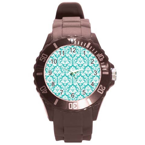 White On Turquoise Damask Plastic Sport Watch (Large) from ArtsNow.com Front