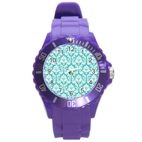 White On Turquoise Damask Plastic Sport Watch (Large) from ArtsNow.com Front