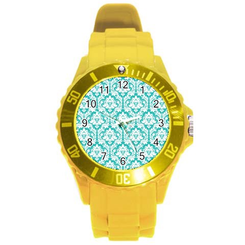 White On Turquoise Damask Plastic Sport Watch (Large) from ArtsNow.com Front