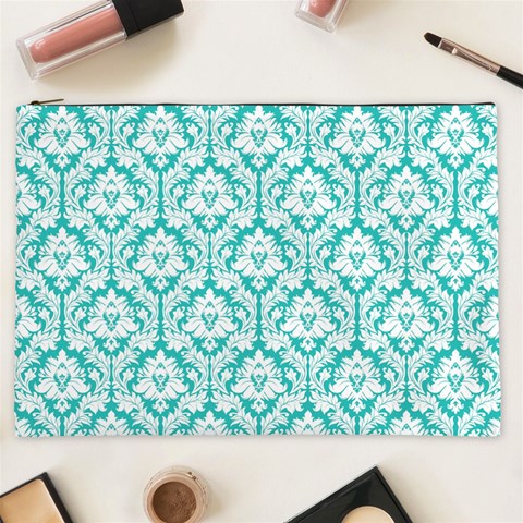 Turquoise Damask Pattern Cosmetic Bag (XXL) from ArtsNow.com Front