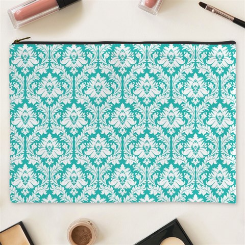 Turquoise Damask Pattern Cosmetic Bag (XXXL) from ArtsNow.com Front