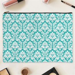 Turquoise Damask Pattern Cosmetic Bag (XXXL) from ArtsNow.com Front