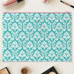 Turquoise Damask Pattern Cosmetic Bag (XXXL) from ArtsNow.com Back