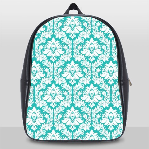 White On Turquoise Damask School Bag (XL) from ArtsNow.com Front