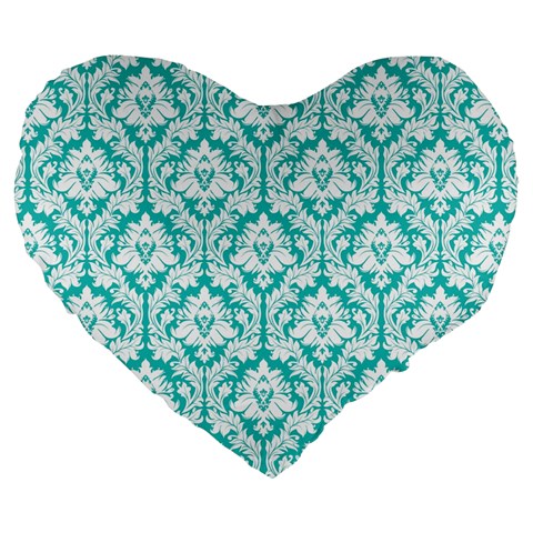 Turquoise Damask Pattern Large 19  Premium Heart Shape Cushion from ArtsNow.com Front