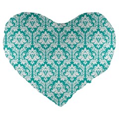 Turquoise Damask Pattern Large 19  Premium Heart Shape Cushion from ArtsNow.com Front