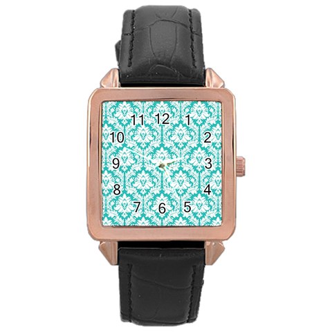 White On Turquoise Damask Rose Gold Leather Watch  from ArtsNow.com Front