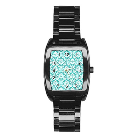 White On Turquoise Damask Stainless Steel Barrel Watch from ArtsNow.com Front